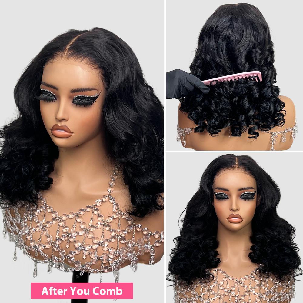 Menglle Hair 220% Density Bouncy Wave Blow Out 7x6 Pre-Cut Lace Closure Wig Spiral Curl Glue-On Human Hair Glueless Wigs With Middle Part 90s Style