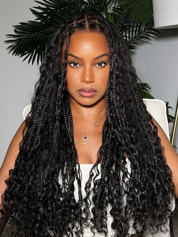 [Pre Braided 7X6 Water Wave] Menglle Pre Styled Boho Curly Wig 7X6 Glueless Ready to Go Box Braided Water Wave Lace Front Human Hair Wig#springfresh#GiftedInLove