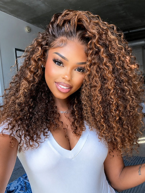 1B/30 Highlight Curly Wave 13x6 Lace Front Wigs Human Hair Pre Plucked with Baby Hair Highlighted Balayage Ombre Wig 100% Human Hair 180% Density