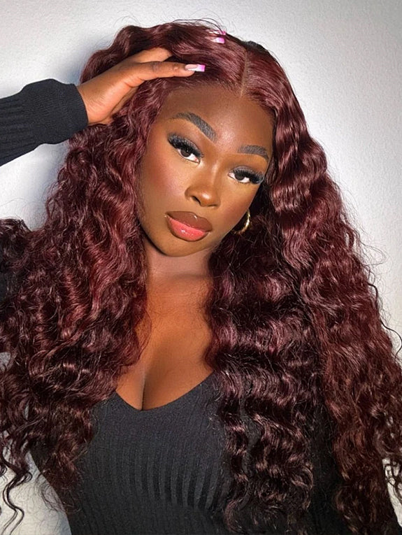 Burgundy #99J 13x6 Water Wave Lace Front Wigs Human Hair Pre-Plucked Glueless Colored Water Wave Human Hair Frontal Wigs for Women