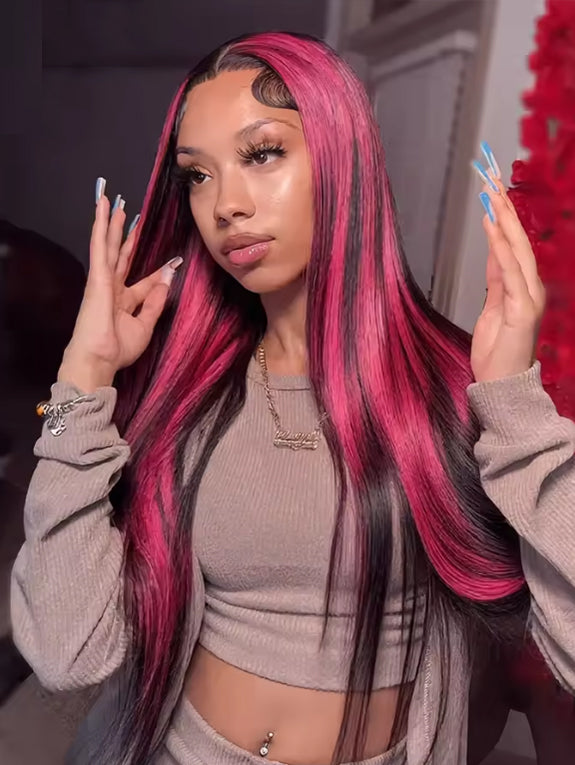 1B/Pink Highlight Wig 13x4 Hd Lace Front Human Hair Straight Wigs Ombre Pink Colored Brazilian Lace Frontal Wig For Women