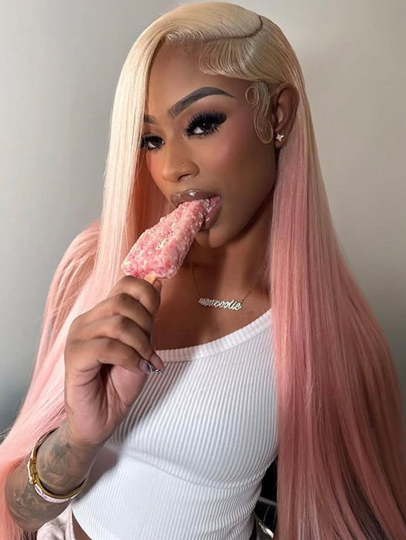 Blonde and Pink Wig Human Hair Straight 13x6 Lace Front Wigs Ombre Blonde Pink Highlight Wig Human Hair Swiss HD Lace Wigs 200 Density 15A 100% Virgin Human Hair