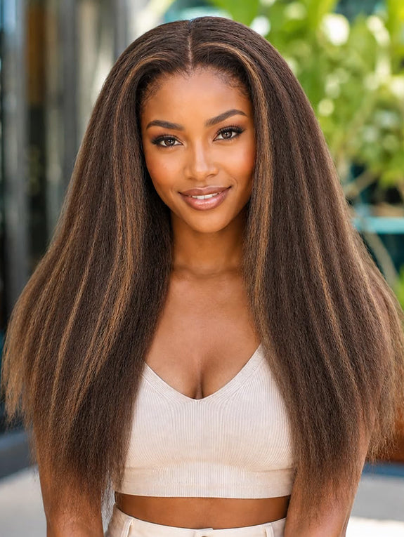 4/27 Highlight Kinky Straight 5x5 Glueless Human Hair Wig Yaki Straight Pre-cut Pre-plucked Natural Hairline Beginner-friendly Glueless Wig