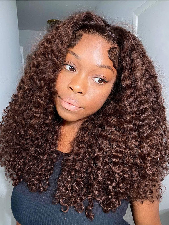 Chocolate Brown Human Hair Wig Deep Wave 5x5 Closure Wigs Human Hair 180 Density 4# Brown Wig Colored Deep Curly Wigs for Women Small Knots Natural Hairline
