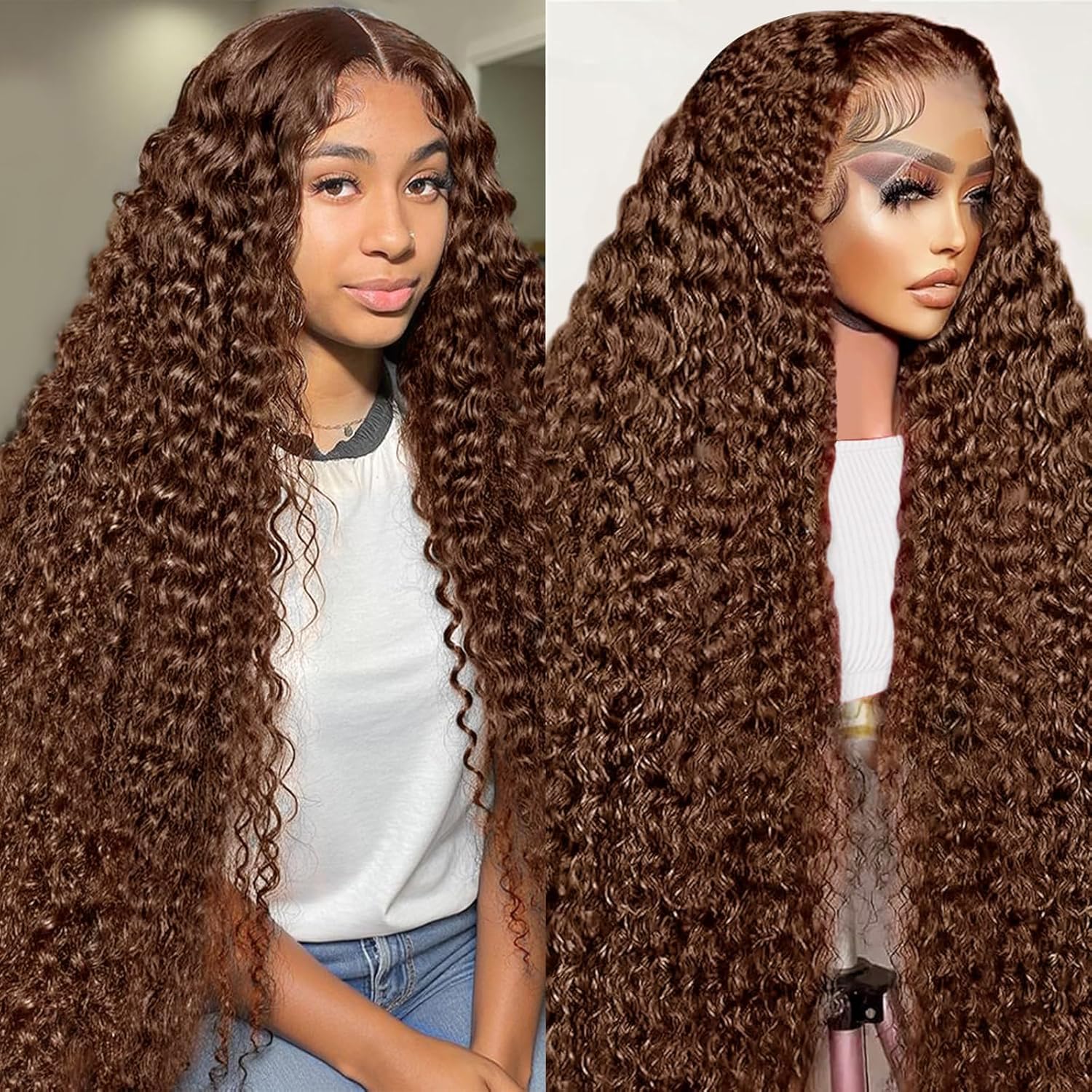 Chocolate Brown Deep Wave 13X6 Lace Front Wigs Human Hair 200% Density 13x6 HD Lace Frontal Wigs Curly Human Hair Brown Glueless Wig For Women Pre Plucked with Natural Hairline