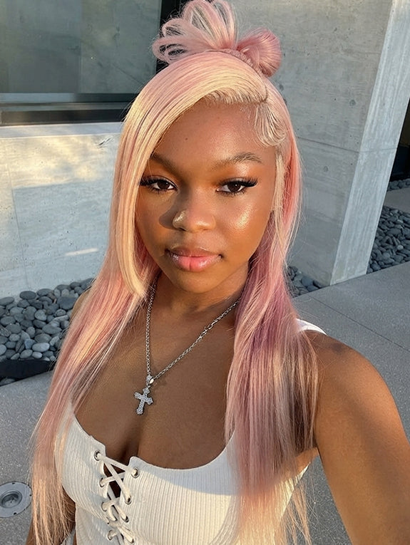 Blonde and Pink Wig Human Hair Straight 13x6 Lace Front Wigs Ombre Blonde Pink Highlight Wig Human Hair Swiss HD Lace Wigs 200 Density 15A 100% Virgin Human Hair