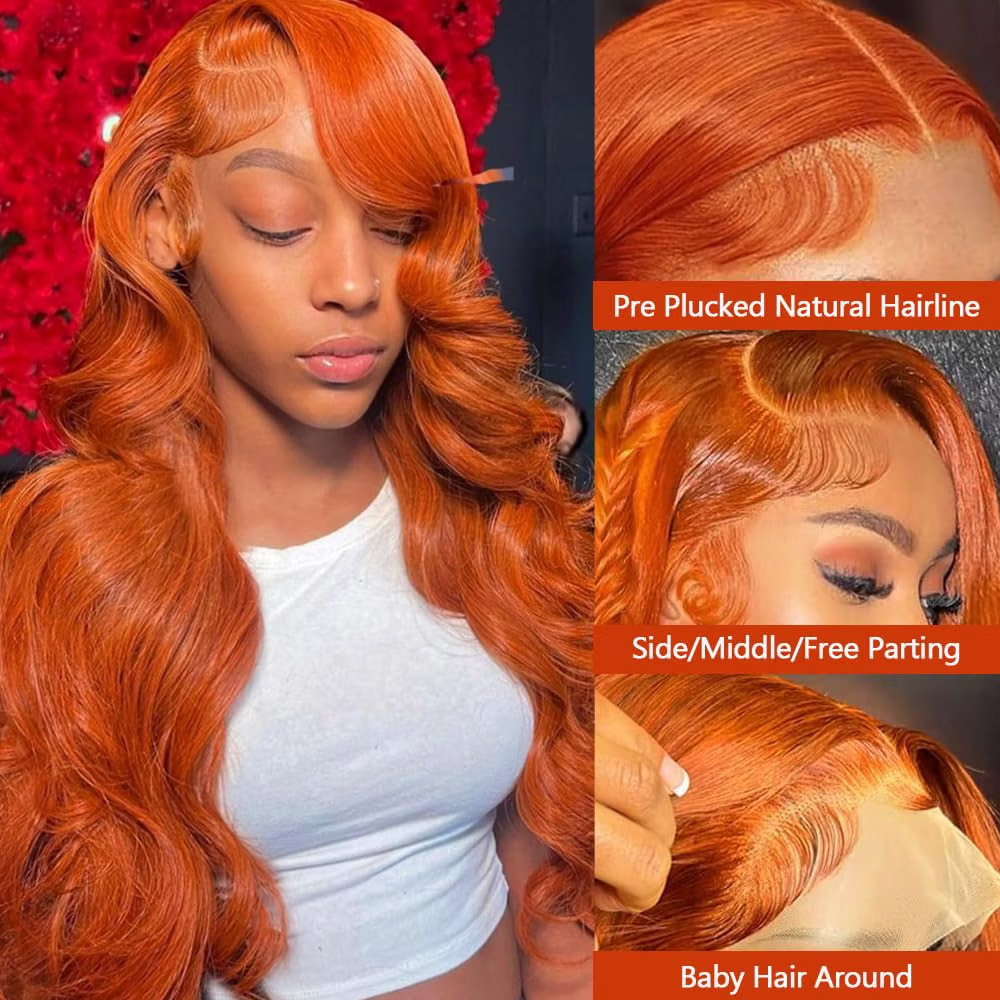 #350 Ginger Orange Wigs Human Hair 13x4 Lace Frontal Body Wave HD Lace Wig Pre Plucked with Natural Hairline 180% Density Colored Wigs for Women