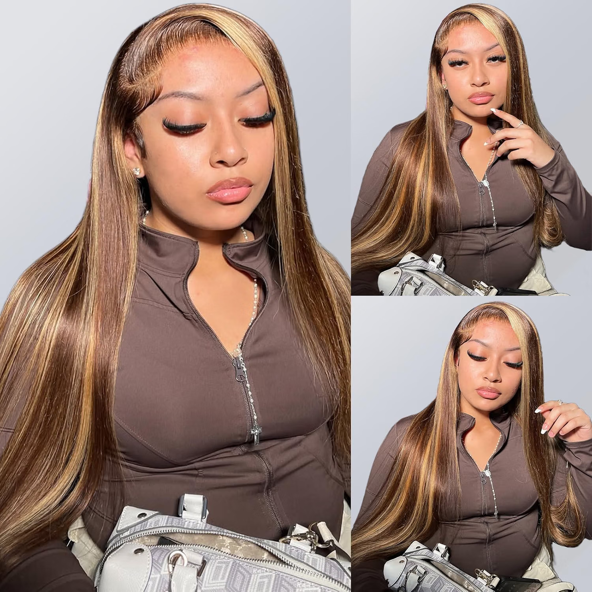 4/27 Highlight Ombre Straight Human Hair Honey Blonde 13x4 HD Lace Front Human Hair Wigs Pre Plucked with Baby Hair P4/27 Color 180% Density Straight Wig