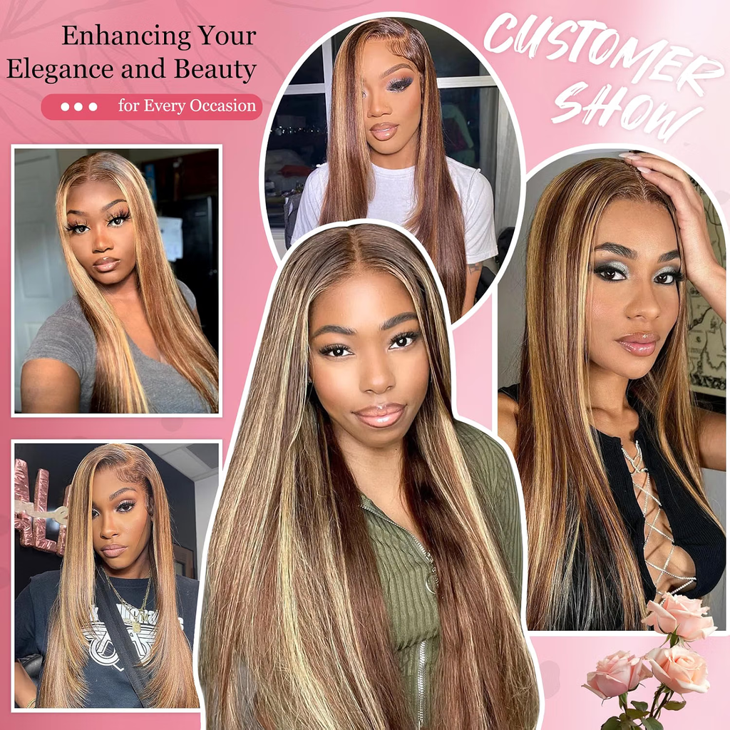 4/27 Highlight Ombre Straight Human Hair Honey Blonde 13x4 HD Lace Front Human Hair Wigs Pre Plucked with Baby Hair P4/27 Color 180% Density Straight Wig