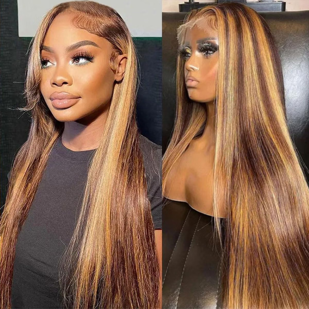 4/27 Highlight Ombre Straight Human Hair Honey Blonde 13x4 HD Lace Front Human Hair Wigs Pre Plucked with Baby Hair P4/27 Color 180% Density Straight Wig