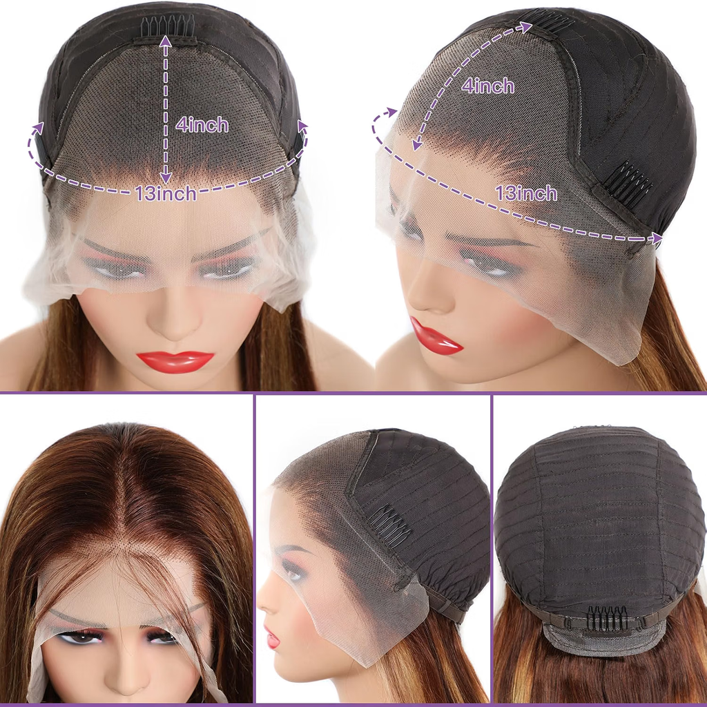 4/27 Highlight Ombre Straight Human Hair Honey Blonde 13x4 HD Lace Front Human Hair Wigs Pre Plucked with Baby Hair P4/27 Color 180% Density Straight Wig