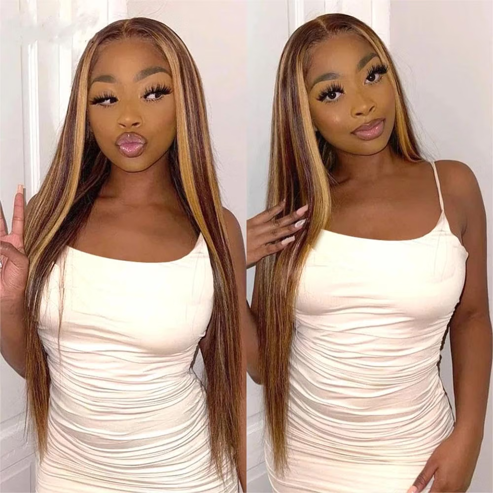 4/27 Highlight Ombre Straight Human Hair Honey Blonde 13x4 HD Lace Front Human Hair Wigs Pre Plucked with Baby Hair P4/27 Color 180% Density Straight Wig