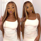 4/27 Highlight Ombre Straight Human Hair Honey Blonde 13x4 HD Lace Front Human Hair Wigs Pre Plucked with Baby Hair P4/27 Color 180% Density Straight Wig