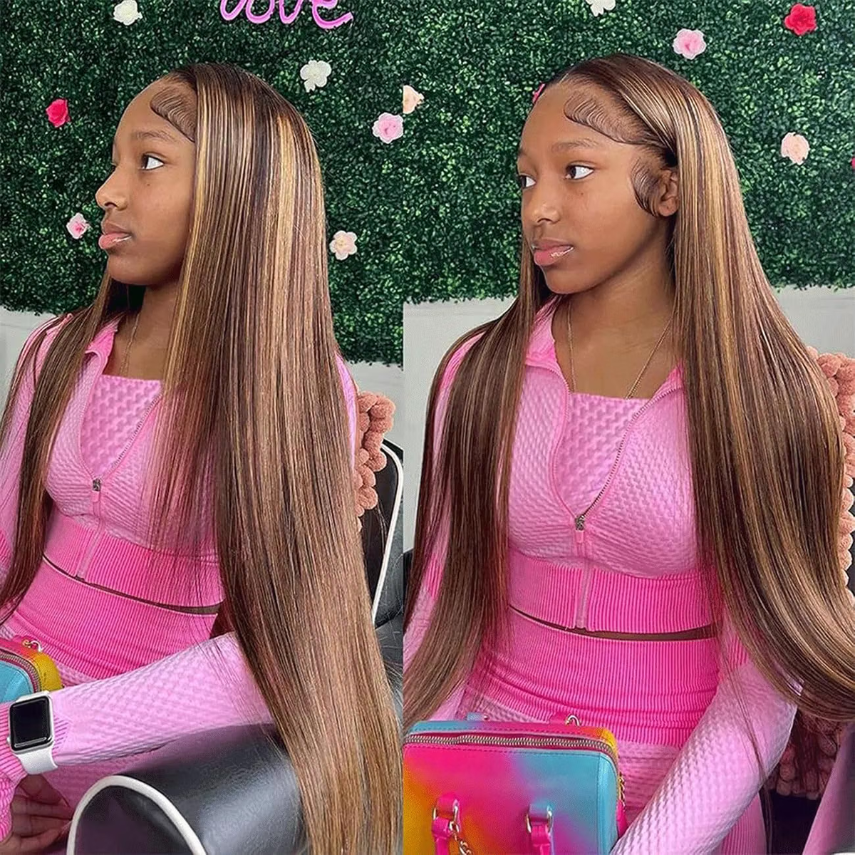 4/27 Highlight Ombre Straight Human Hair Honey Blonde 13x4 HD Lace Front Human Hair Wigs Pre Plucked with Baby Hair P4/27 Color 180% Density Straight Wig