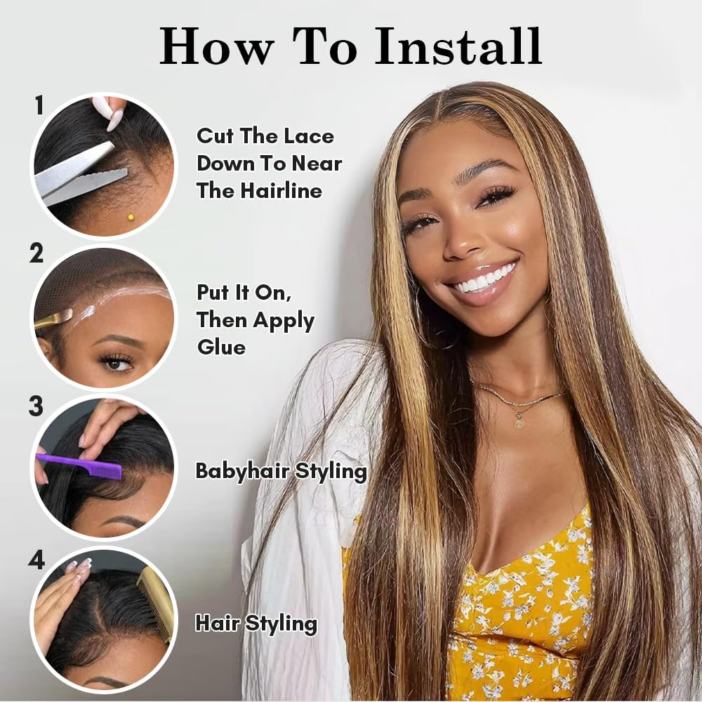 4/27 Highlight Ombre Straight Human Hair Honey Blonde 13x4 HD Lace Front Human Hair Wigs Pre Plucked with Baby Hair P4/27 Color 180% Density Straight Wig