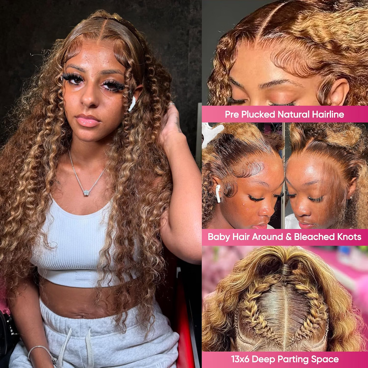 P4/27 Honey Blonde Wig Human Hair Deep Wave Highlight 13x6 Lace Front Wigs Human Hair 180 Density Pre-Plucked Ombre Lace Frontal Wigs  100% Human Hair Deep Wave Wig