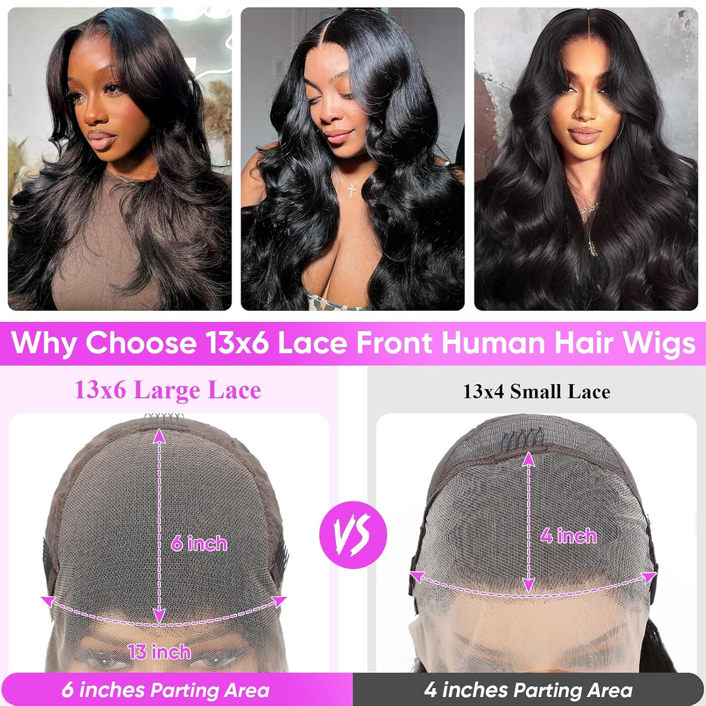 13x6 Body Wave Lace Front Wigs Human Hair 100% Human Hair 13x6 HD Lace Frontal Wigs Pre-Plucked Natural Black Human Hair Wigs for Women 180 Density