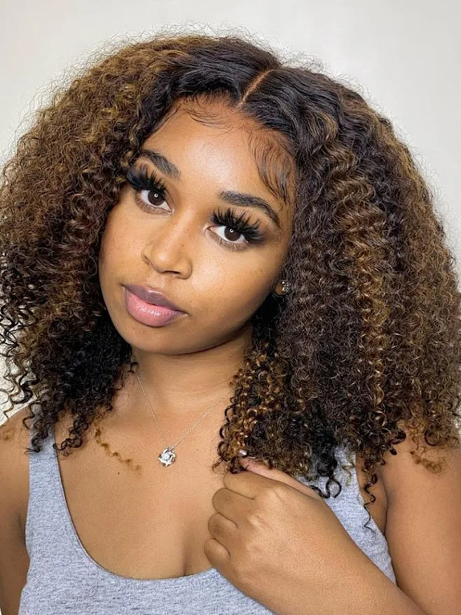 1B/30 Highlight Kinky Curly 7x6 Pre Cut Lace Glueless Wig 4C Baby Hair Wear and Go Wig 180% Density Human Hair Wigs Beginner Friendly