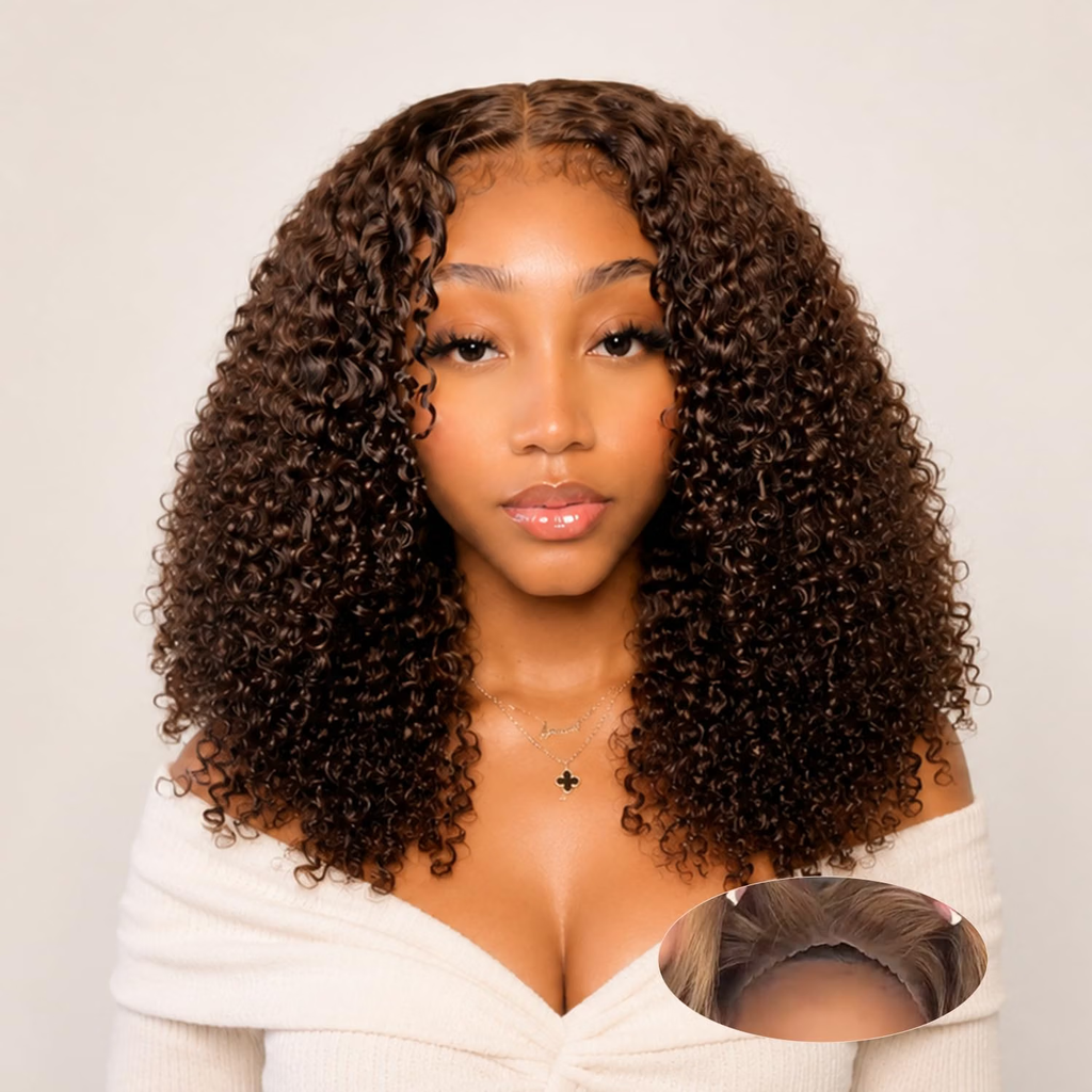 Kinky Curly 4C Baby Hair 7x6 Pre Cut Glueless Lace Closure Wig #4 Brown Color Wear and Go Glueless 180%/250% Density Human Hair Wigs Beginner Friendly
