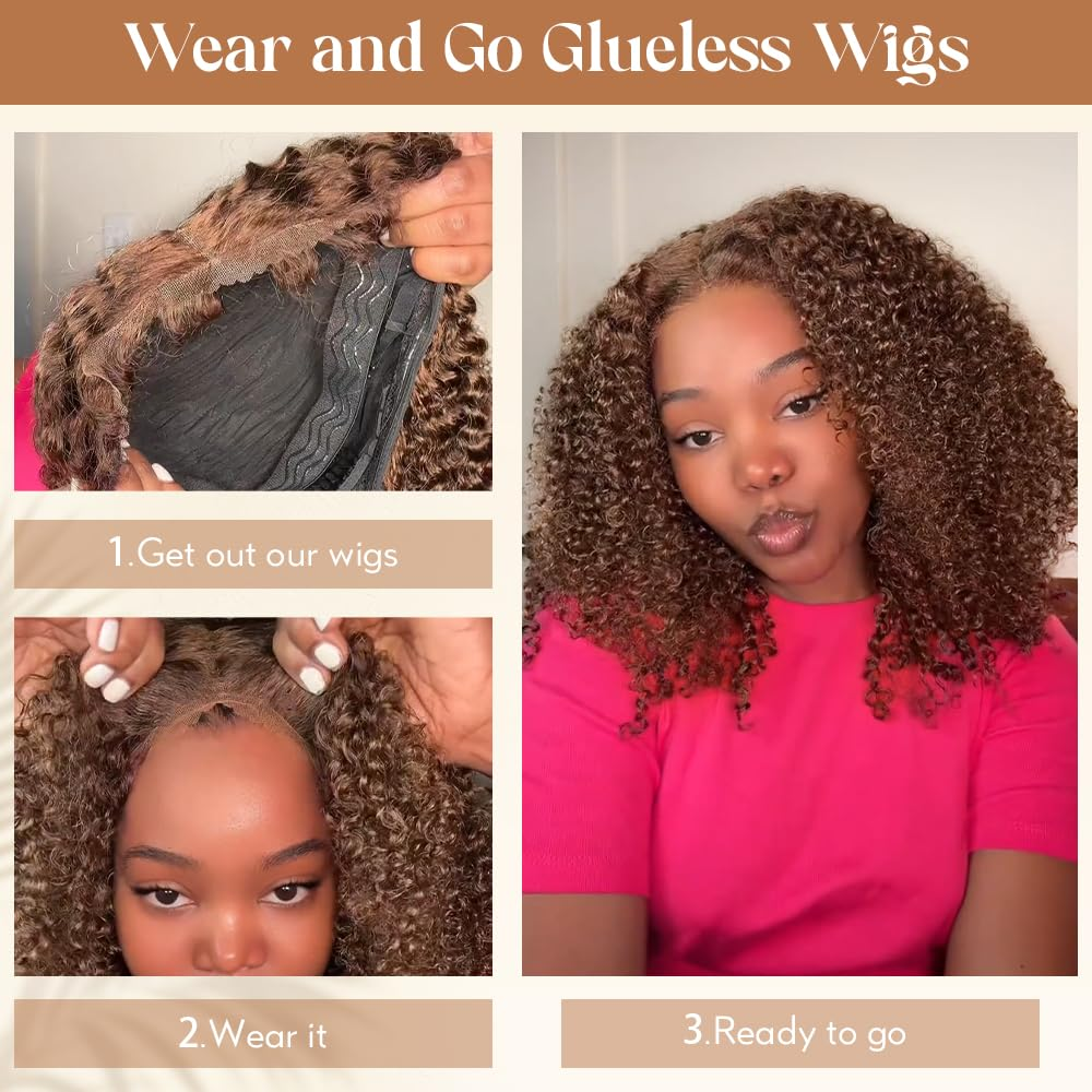 Kinky Curly 4C Baby Hair 7x6 Pre Cut Glueless Lace Closure Wig #4 Brown Color Wear and Go Glueless 180%/250% Density Human Hair Wigs Beginner Friendly