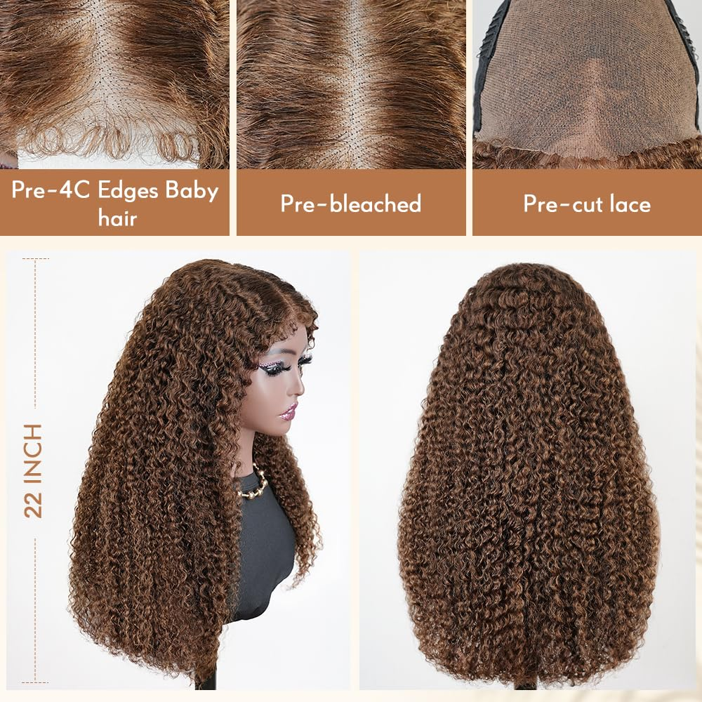 Kinky Curly 4C Baby Hair 7x6 Pre Cut Glueless Lace Closure Wig #4 Brown Color Wear and Go Glueless 180%/250% Density Human Hair Wigs Beginner Friendly