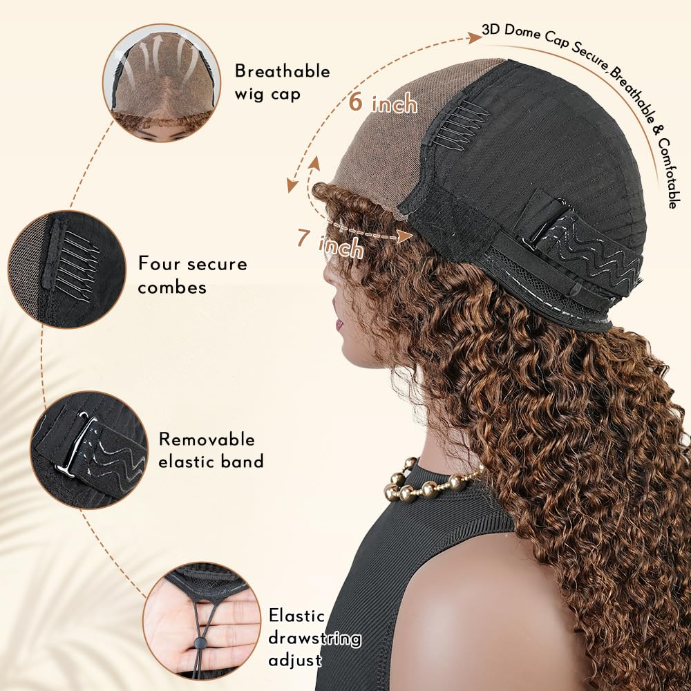 Kinky Curly 4C Baby Hair 7x6 Pre Cut Glueless Lace Closure Wig #4 Brown Color Wear and Go Glueless 180%/250% Density Human Hair Wigs Beginner Friendly