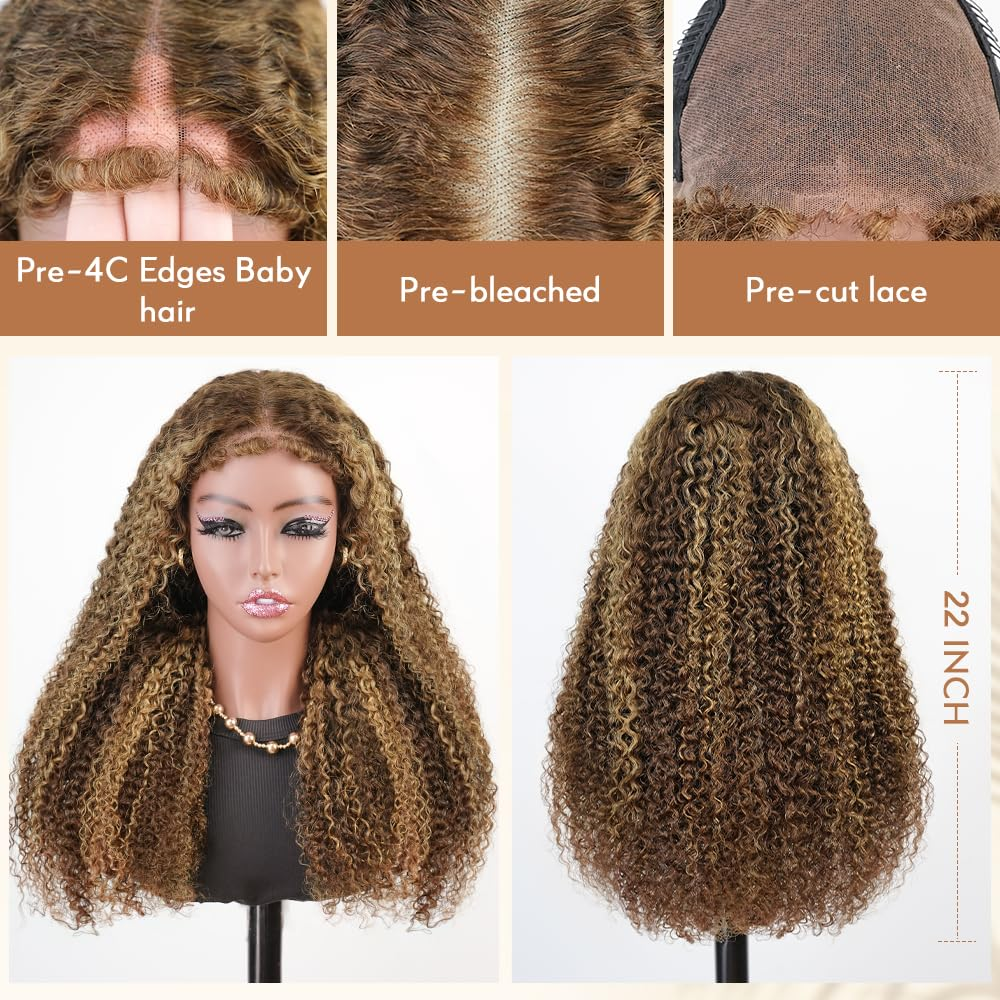 Kinky Curly 4/27 Highlight 4C Baby Hair 7x6 Pre Cut Glueless Lace Closure Wig Honey Blonde Wear and Go Glueless 180% Density Human Hair Wigs Beginner Friendly