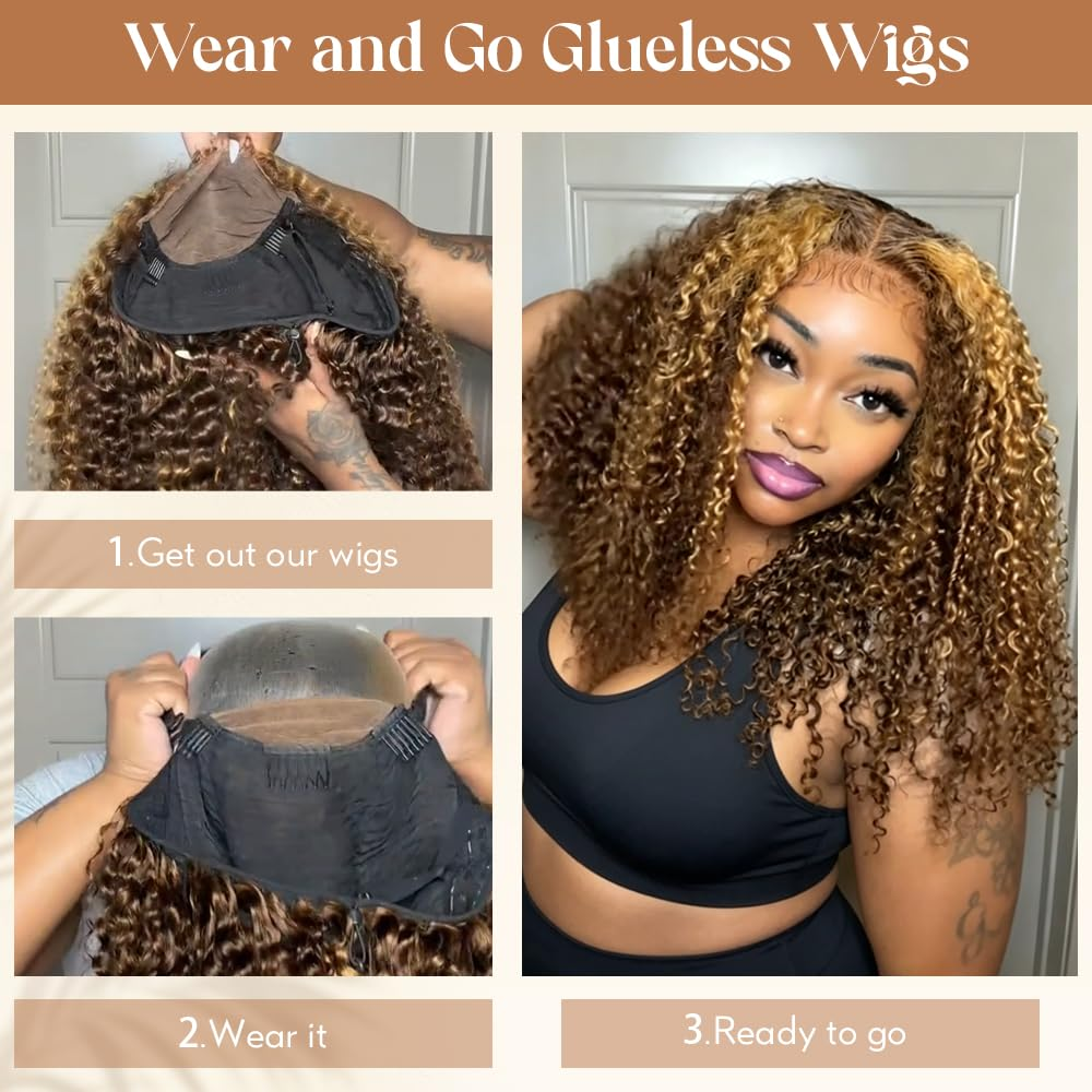 Kinky Curly 4/27 Highlight 4C Baby Hair 7x6 Pre Cut Glueless Lace Closure Wig Honey Blonde Wear and Go Glueless 180% Density Human Hair Wigs Beginner Friendly