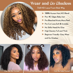 Kinky Curly 4/27 Highlight 4C Baby Hair 7x6 Pre Cut Glueless Lace Closure Wig Honey Blonde Wear and Go Glueless 180% Density Human Hair Wigs Beginner Friendly