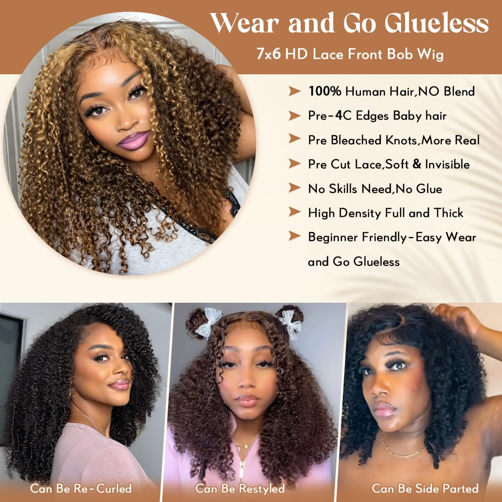 Kinky Curly 4/27 Highlight 4C Baby Hair 7x6 Pre Cut Glueless Lace Closure Wig Honey Blonde Wear and Go Glueless 180% Density Human Hair Wigs Beginner Friendly
