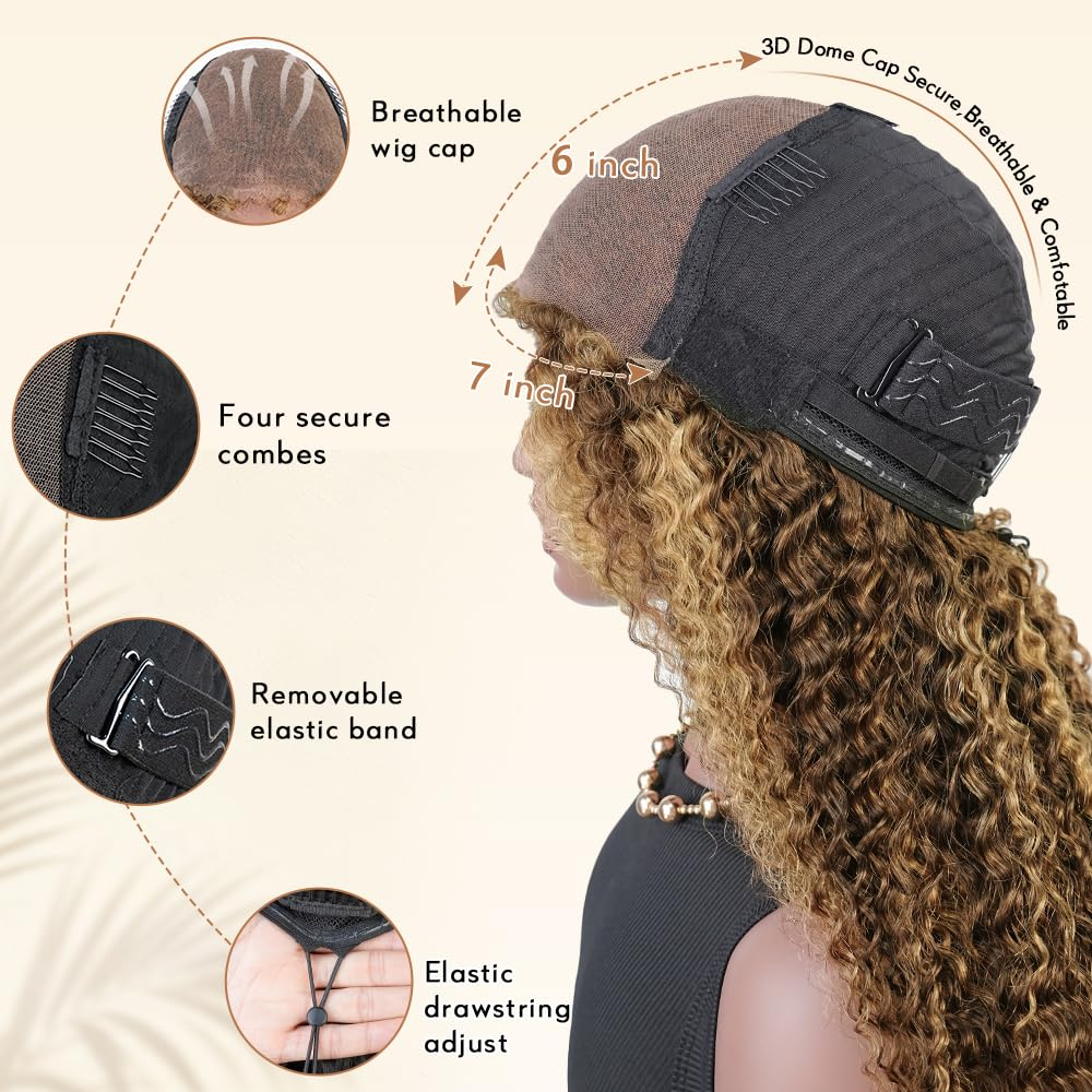 Kinky Curly 4/27 Highlight 4C Baby Hair 7x6 Pre Cut Glueless Lace Closure Wig Honey Blonde Wear and Go Glueless 180% Density Human Hair Wigs Beginner Friendly