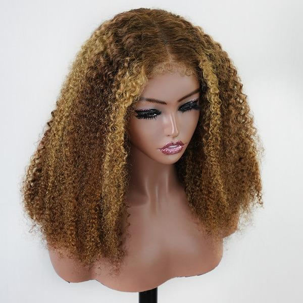 Kinky Curly 4/27 Highlight 4C Baby Hair 7x6 Pre Cut Glueless Lace Closure Wig Honey Blonde Wear and Go Glueless 180% Density Human Hair Wigs Beginner Friendly