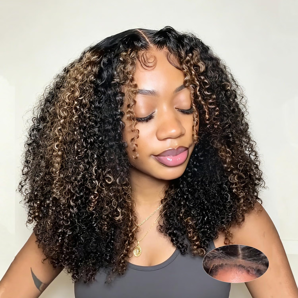 1B/30 Highlight Kinky Curly 7x6 Pre Cut Lace Glueless Wig 4C Baby Hair Wear and Go Wig 180% Density Human Hair Wigs Beginner Friendly
