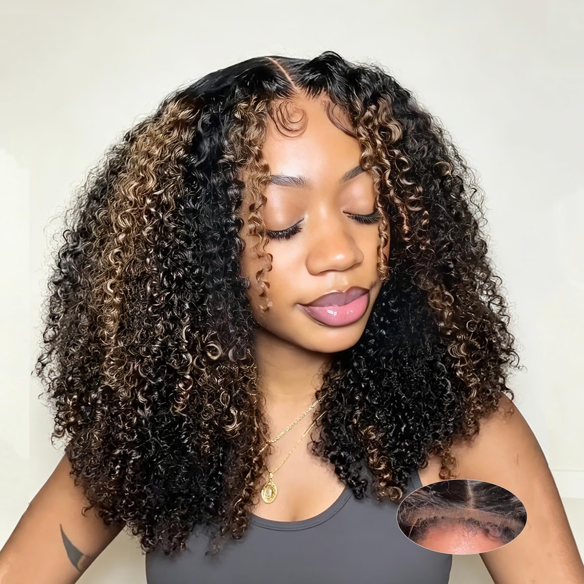 1B/30 Highlight Kinky Curly 7x6 Pre Cut Lace Glueless Wig 4C Baby Hair Wear and Go Wig 180% Density Human Hair Wigs Beginner Friendly