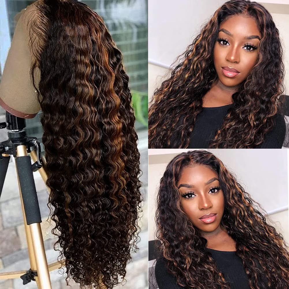 1B/30 Highlight Curly Wave 13x6 Lace Front Wigs Human Hair Pre Plucked with Baby Hair Highlighted Balayage Ombre Wig 100% Human Hair 180% Density