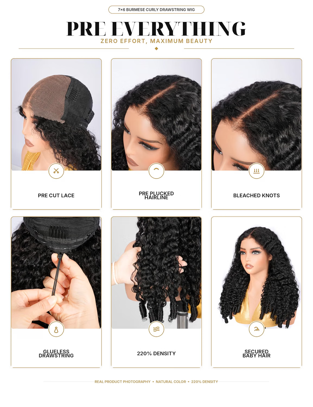 7X5 Burmese Curly Glueless Wig Human Hair Pre Plucked Pre Cut 180% Density Natural Black Drawstring Wig Wear And Go Beginners Friendly Curly Lace Wig