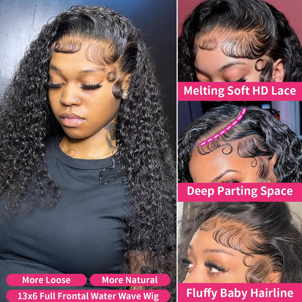 13x6 Water Wave Lace Front Wigs 180% Density Human Hair Wig Pre Plucked Glueless Water WaveHuman Hair Wigs for Black Women Natural Black