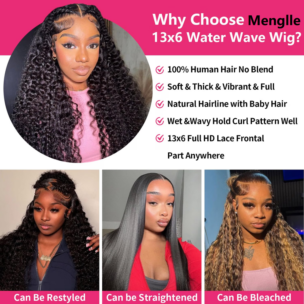 13x6 Water Wave Lace Front Wigs 180% Density Human Hair Wig Pre Plucked Glueless Water WaveHuman Hair Wigs for Black Women Natural Black