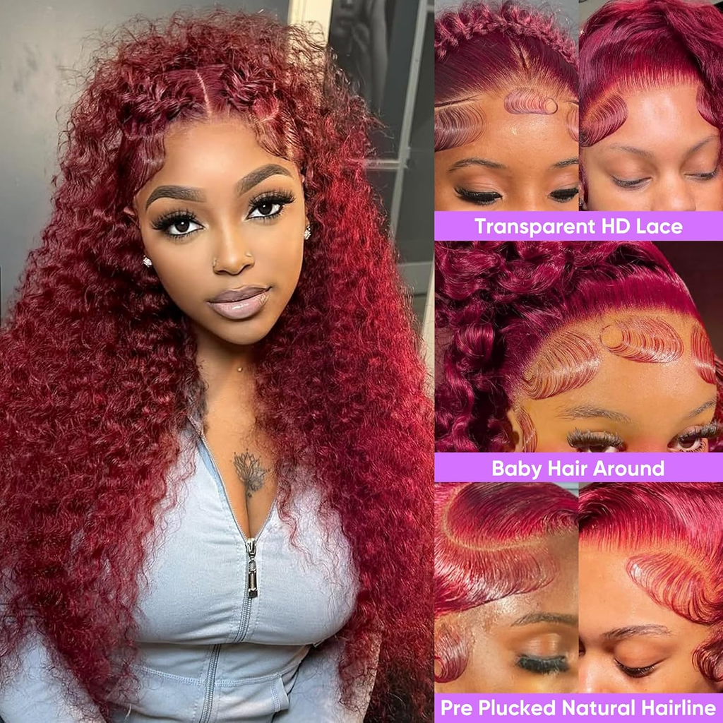 Burgundy #99J 13x6 Water Wave Lace Front Wigs Human Hair Pre-Plucked Glueless Colored Water Wave Human Hair Frontal Wigs for Women