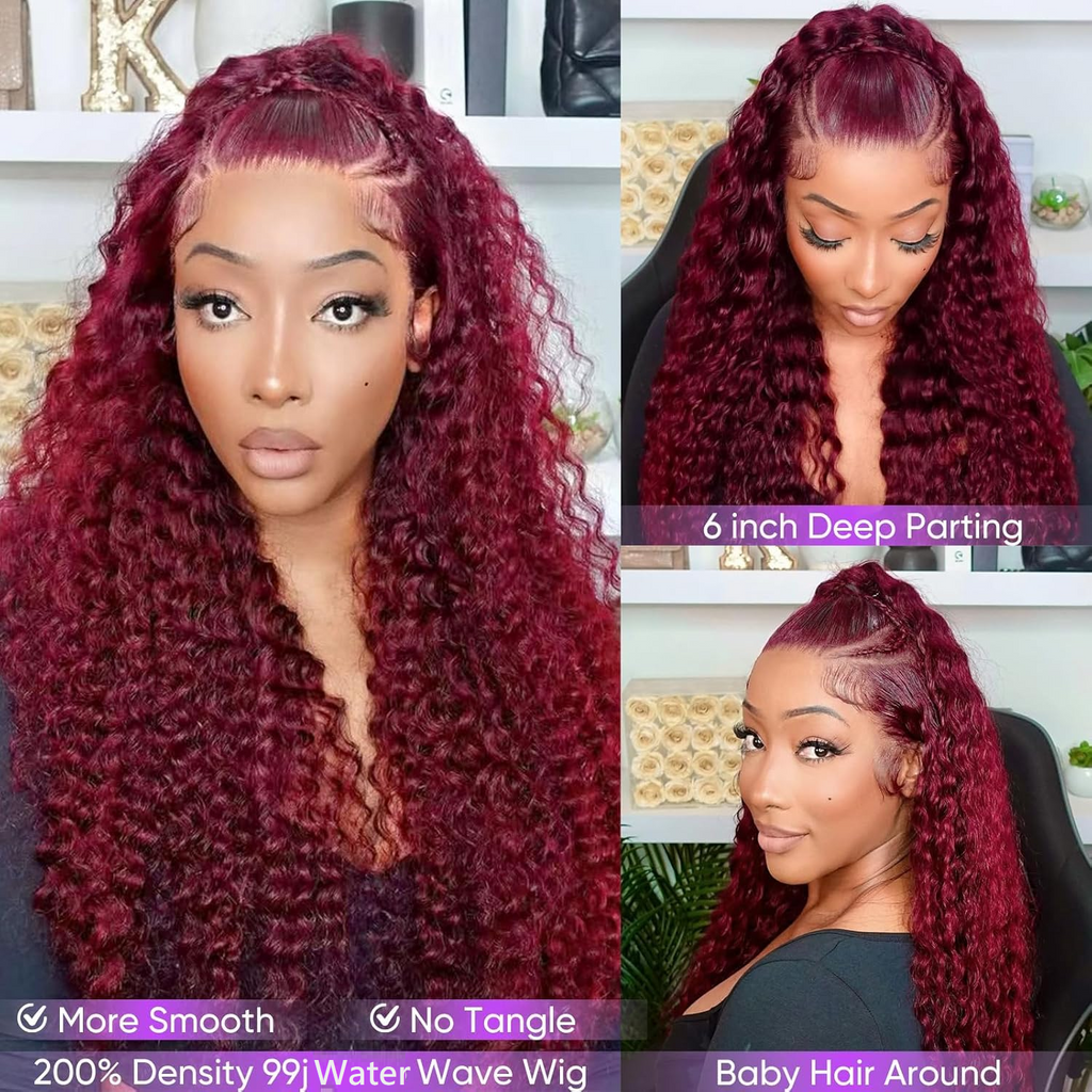 Burgundy #99J 13x6 Water Wave Lace Front Wigs Human Hair Pre-Plucked Glueless Colored Water Wave Human Hair Frontal Wigs for Women
