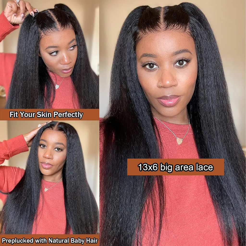 Kinky Straight/ Yaki Straight  13x6 Lace Front Wigs Human Hair Pre Plucked With Baby Hairs 180% Density 13x6 Transparent HD Glueless Lace Wig Human Hair Wigs For Women