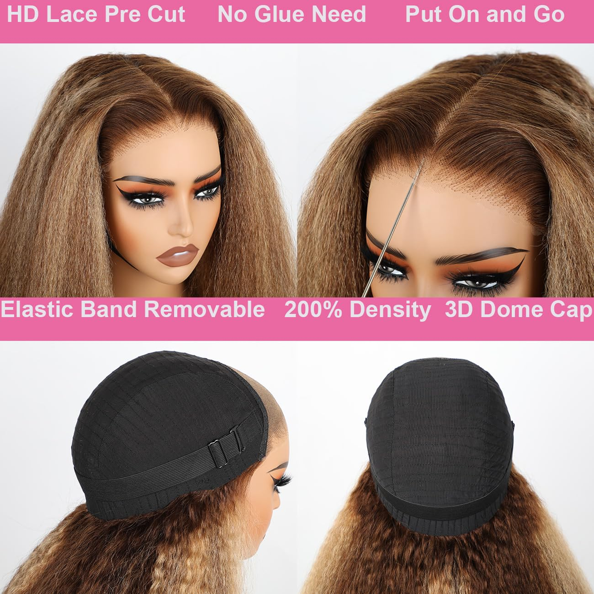 4/27 Highlight Kinky Straight 5x5 Glueless Human Hair Wig Yaki Straight Pre-cut Pre-plucked Natural Hairline Beginner-friendly Glueless Wig