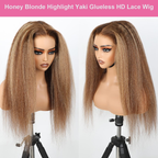4/27 Highlight Kinky Straight 5x5 Glueless Human Hair Wig Yaki Straight Pre-cut Pre-plucked Natural Hairline Beginner-friendly Glueless Wig