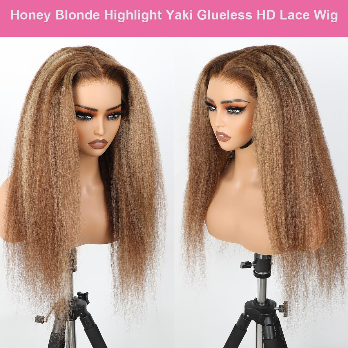 4/27 Highlight Kinky Straight 5x5 Glueless Human Hair Wig Yaki Straight Pre-cut Pre-plucked Natural Hairline Beginner-friendly Glueless Wig