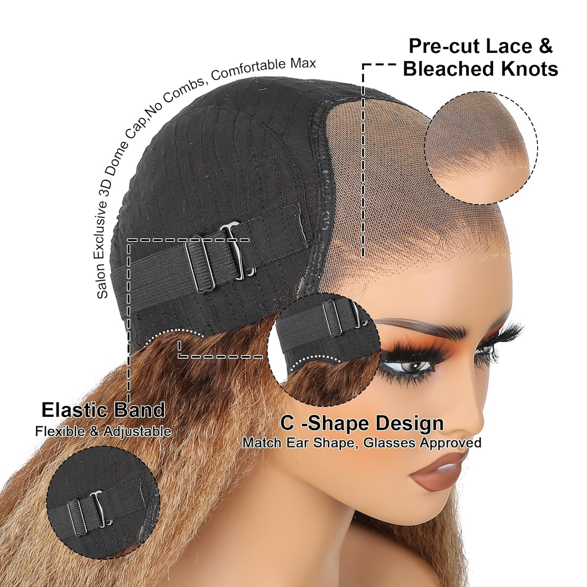 4/27 Highlight Kinky Straight 5x5 Glueless Human Hair Wig Yaki Straight Pre-cut Pre-plucked Natural Hairline Beginner-friendly Glueless Wig