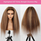 4/27 Highlight Kinky Straight 5x5 Glueless Human Hair Wig Yaki Straight Pre-cut Pre-plucked Natural Hairline Beginner-friendly Glueless Wig