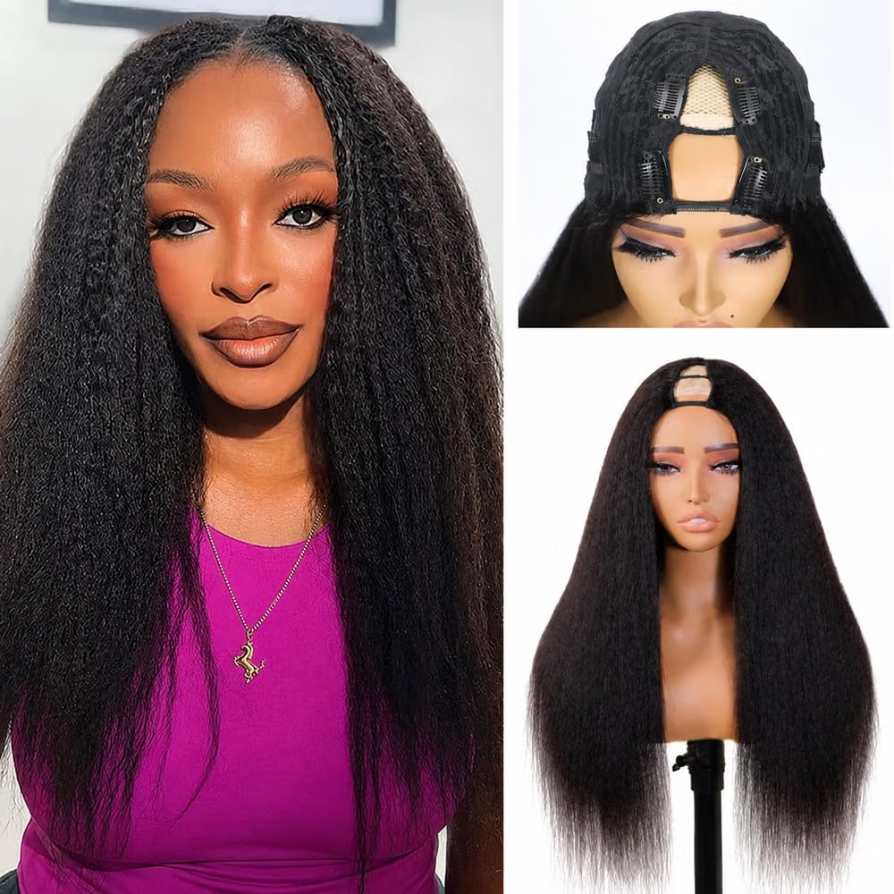 V Part Kinky Straight Wig Human Hair Glueless V-Part Wig Human Hair Wigs for Women No Sew in V Shape Clip In Yaki Straight Wig Human Hair