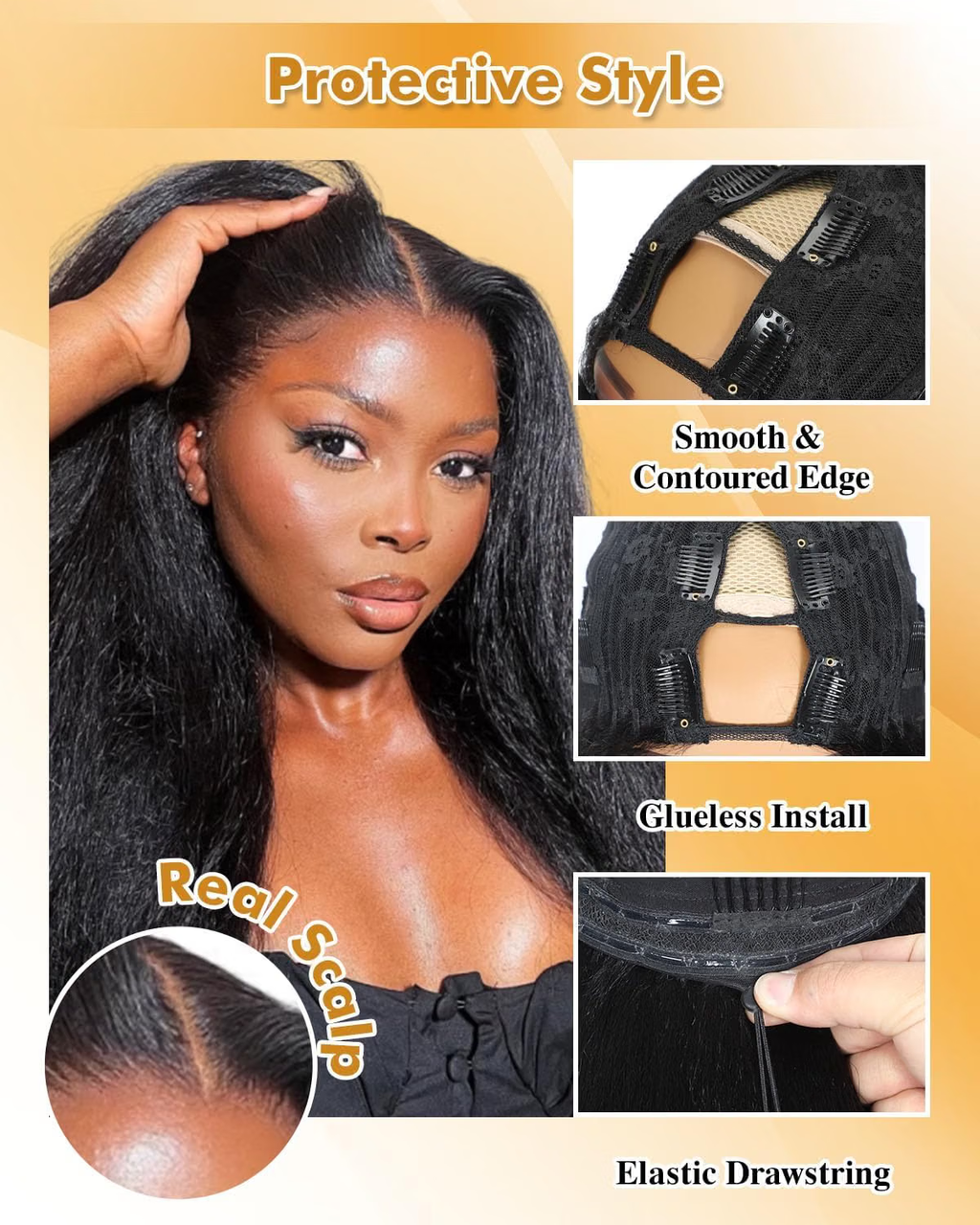 V Part Kinky Straight Wig Human Hair Glueless V-Part Wig Human Hair Wigs for Women No Sew in V Shape Clip In Yaki Straight Wig Human Hair