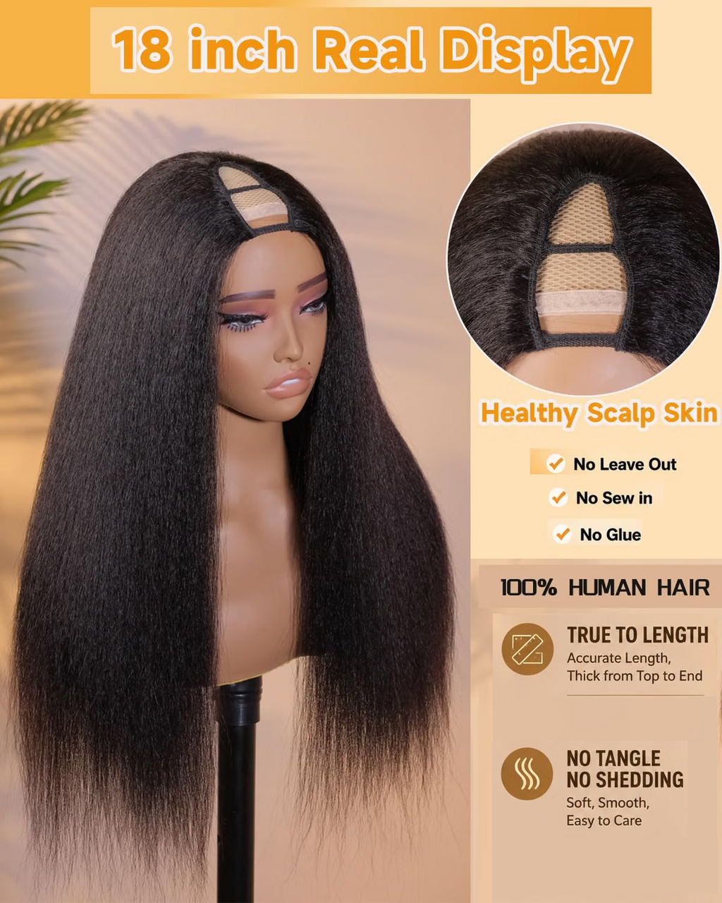 V Part Kinky Straight Wig Human Hair Glueless V-Part Wig Human Hair Wigs for Women No Sew in V Shape Clip In Yaki Straight Wig Human Hair