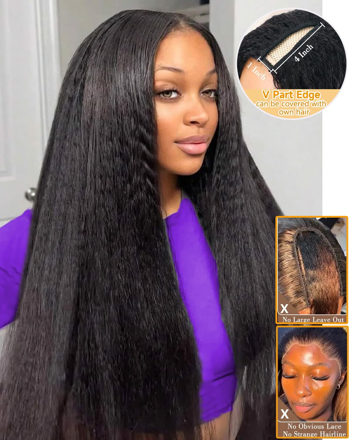 V Part Kinky Straight Wig Human Hair Glueless V-Part Wig Human Hair Wigs for Women No Sew in V Shape Clip In Yaki Straight Wig Human Hair